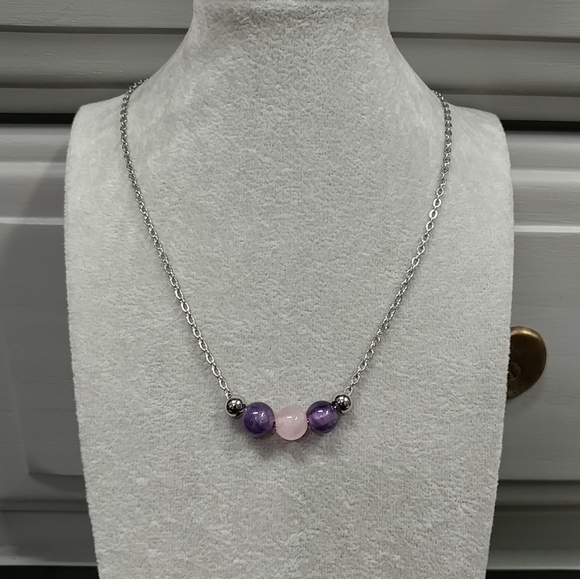 Amethyst Rose Quartz Three Bead Necklace Natural Gemstone Crystal StainlessSteel - Picture 5 of 12